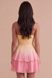 Yellow and Pink Ruched Ruffled Short Cocktail Dress