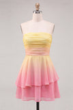 Yellow and Pink Ruched Ruffled Short Cocktail Dress
