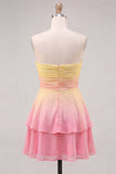 Yellow and Pink Ruched Ruffled Short Cocktail Dress