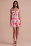 Pink Corset Floral Embroidered Short Cocktail Dress with Bow