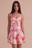 Pink Corset Floral Embroidered Short Cocktail Dress with Bow