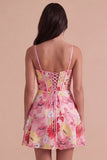 Pink Corset Floral Embroidered Short Cocktail Dress with Bow