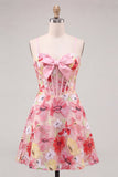 Pink Corset Floral Embroidered Short Cocktail Dress with Bow