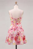 Pink Corset Floral Embroidered Short Cocktail Dress with Bow