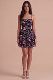 Black Floral Ruffled Spaghetti Straps Short Cocktail Dress