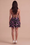 Black Floral Ruffled Spaghetti Straps Short Cocktail Dress