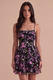 Black Floral Ruffled Spaghetti Straps Short Cocktail Dress