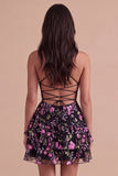 Black Floral Ruffled Spaghetti Straps Short Cocktail Dress