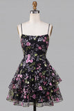 Black Floral Ruffled Spaghetti Straps Short Cocktail Dress