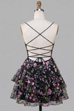 Black Floral Ruffled Spaghetti Straps Short Cocktail Dress