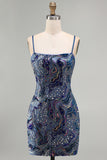 Sparkly Blue Bodycon Spaghetti Straps Beaded Short Cocktail Dress