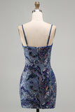 Sparkly Blue Bodycon Spaghetti Straps Beaded Short Cocktail Dress