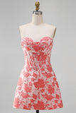 Red Corset Strapless Floral Short A-Line Cocktail Dress