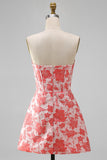Red Corset Strapless Floral Short A-Line Cocktail Dress