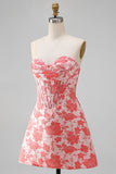 Red Corset Strapless Floral Short A-Line Cocktail Dress