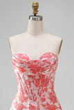Red Corset Strapless Floral Short A-Line Cocktail Dress