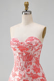 Red Corset Strapless Floral Short A-Line Cocktail Dress