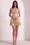 Gold Ruffled Tiered Spahetti Strapless Ruched Short Cocktail Dress