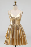 Gold Ruffled Tiered Spahetti Strapless Ruched Short Cocktail Dress