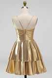 Gold Ruffled Tiered Spahetti Strapless Ruched Short Cocktail Dress