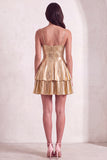 Gold Ruffled Tiered Spahetti Strapless Ruched Short Cocktail Dress