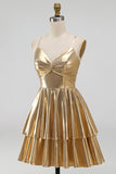Gold Ruffled Tiered Spahetti Strapless Ruched Short Cocktail Dress