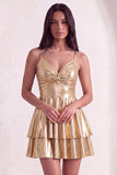 Gold Ruffled Tiered Spahetti Strapless Ruched Short Cocktail Dress