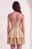 Gold Ruffled Tiered Spahetti Strapless Ruched Short Cocktail Dress