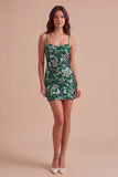 Royal Blue Sparkly Sequins Bodycon Spaghetti Straps Floral Short Cocktail Dress