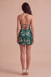 Royal Blue Sparkly Sequins Bodycon Spaghetti Straps Floral Short Cocktail Dress