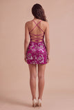 Royal Blue Sparkly Sequins Bodycon Spaghetti Straps Floral Short Cocktail Dress