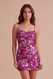 Royal Blue Sparkly Sequins Bodycon Spaghetti Straps Floral Short Cocktail Dress