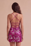Royal Blue Sparkly Sequins Bodycon Spaghetti Straps Floral Short Cocktail Dress