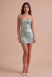 Royal Blue Sparkly Sequins Bodycon Spaghetti Straps Floral Short Cocktail Dress