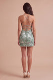 Royal Blue Sparkly Sequins Bodycon Spaghetti Straps Floral Short Cocktail Dress