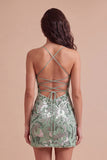 Royal Blue Sparkly Sequins Bodycon Spaghetti Straps Floral Short Cocktail Dress