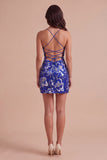 Royal Blue Sparkly Sequins Bodycon Spaghetti Straps Floral Short Cocktail Dress
