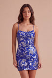 Royal Blue Sparkly Sequins Bodycon Spaghetti Straps Floral Short Cocktail Dress