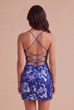 Royal Blue Sparkly Sequins Bodycon Spaghetti Straps Floral Short Cocktail Dress