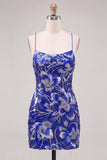 Royal Blue Sparkly Sequins Bodycon Spaghetti Straps Floral Short Cocktail Dress