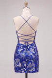Royal Blue Sparkly Sequins Bodycon Spaghetti Straps Floral Short Cocktail Dress