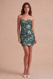 Sparkly Dark Green Bodycon Floral Strapless Sequins Short Cocktail Dress