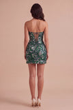 Sparkly Dark Green Bodycon Floral Strapless Sequins Short Cocktail Dress