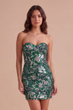 Sparkly Dark Green Bodycon Floral Strapless Sequins Short Cocktail Dress