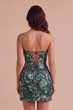 Sparkly Dark Green Bodycon Floral Strapless Sequins Short Cocktail Dress