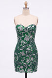 Sparkly Dark Green Bodycon Floral Strapless Sequins Short Cocktail Dress