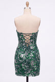 Sparkly Dark Green Bodycon Floral Strapless Sequins Short Cocktail Dress