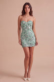 Sparkly Dark Green Bodycon Floral Strapless Sequins Short Cocktail Dress