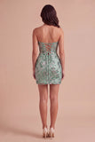 Sparkly Dark Green Bodycon Floral Strapless Sequins Short Cocktail Dress