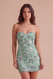 Sparkly Dark Green Bodycon Floral Strapless Sequins Short Cocktail Dress